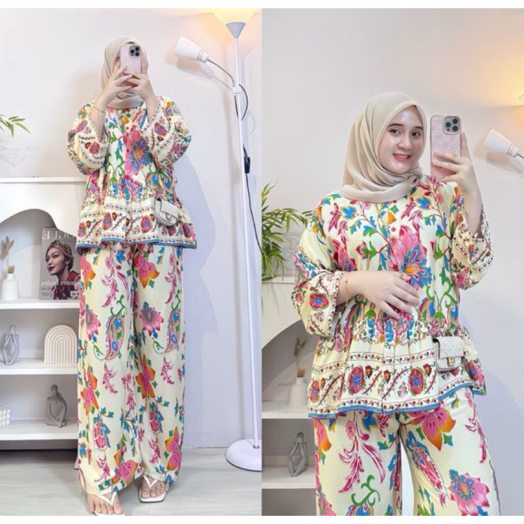 Setelan Kulot Wanita Motif Etnik Lengan Panjang | Baju Santai Modis Hijab Friendly | Set Atasan Bawa