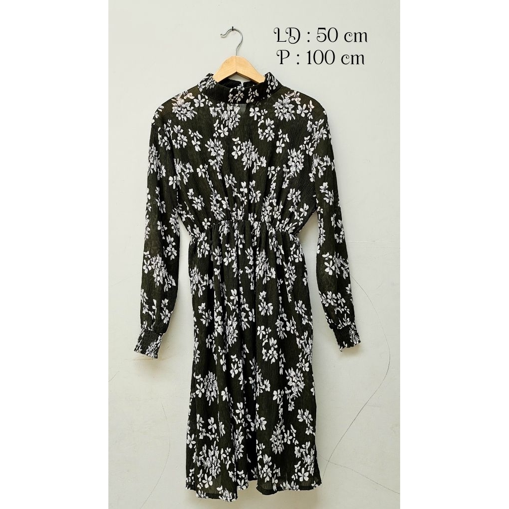 Preloved tunik midi dress maxi dress plisket wanita atasan kemeja blouse bunga bunga