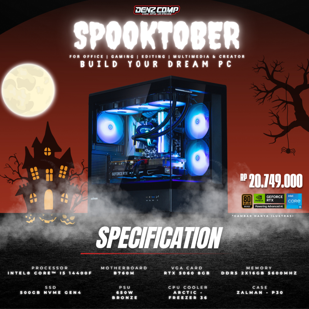 SPOOKTOBER PC GAMING | INTEL CORE I5-14400F | RTX 5060 | DDR5 32GB | NVMe 500GB | AIO TOWER - COSTUM
