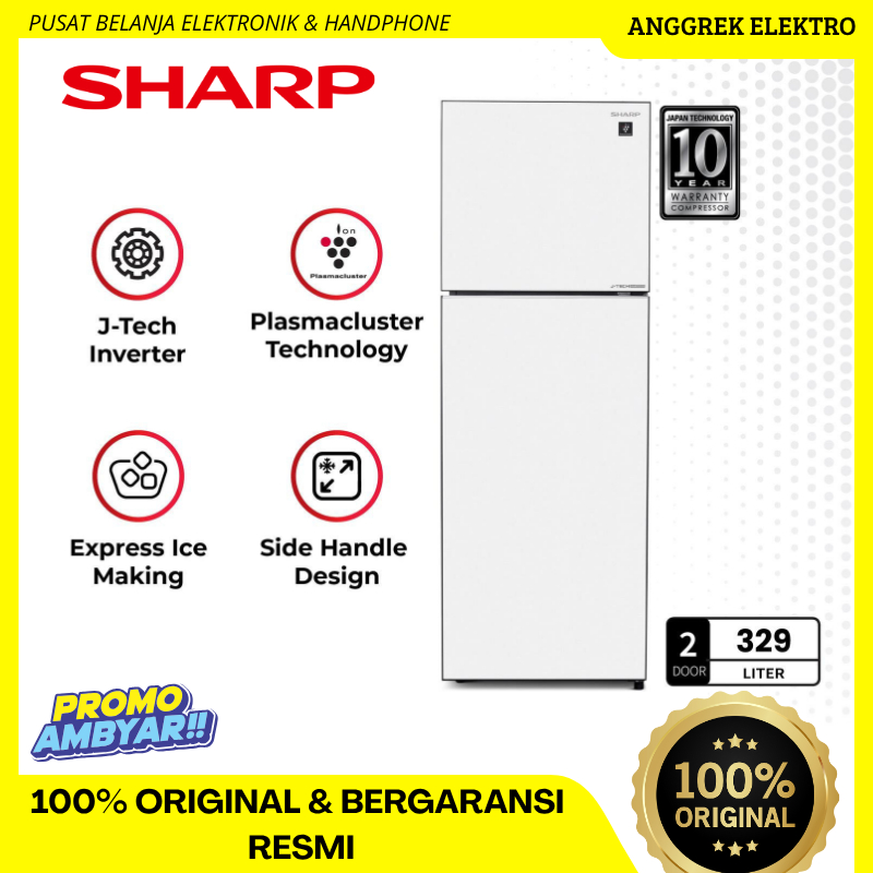 SHARP Kulkas 2 Pintu 329L SJ-456GI-GW / SJ456GIGW / SJ 456GI White Glitter 2 Door - SHINE Glass Door