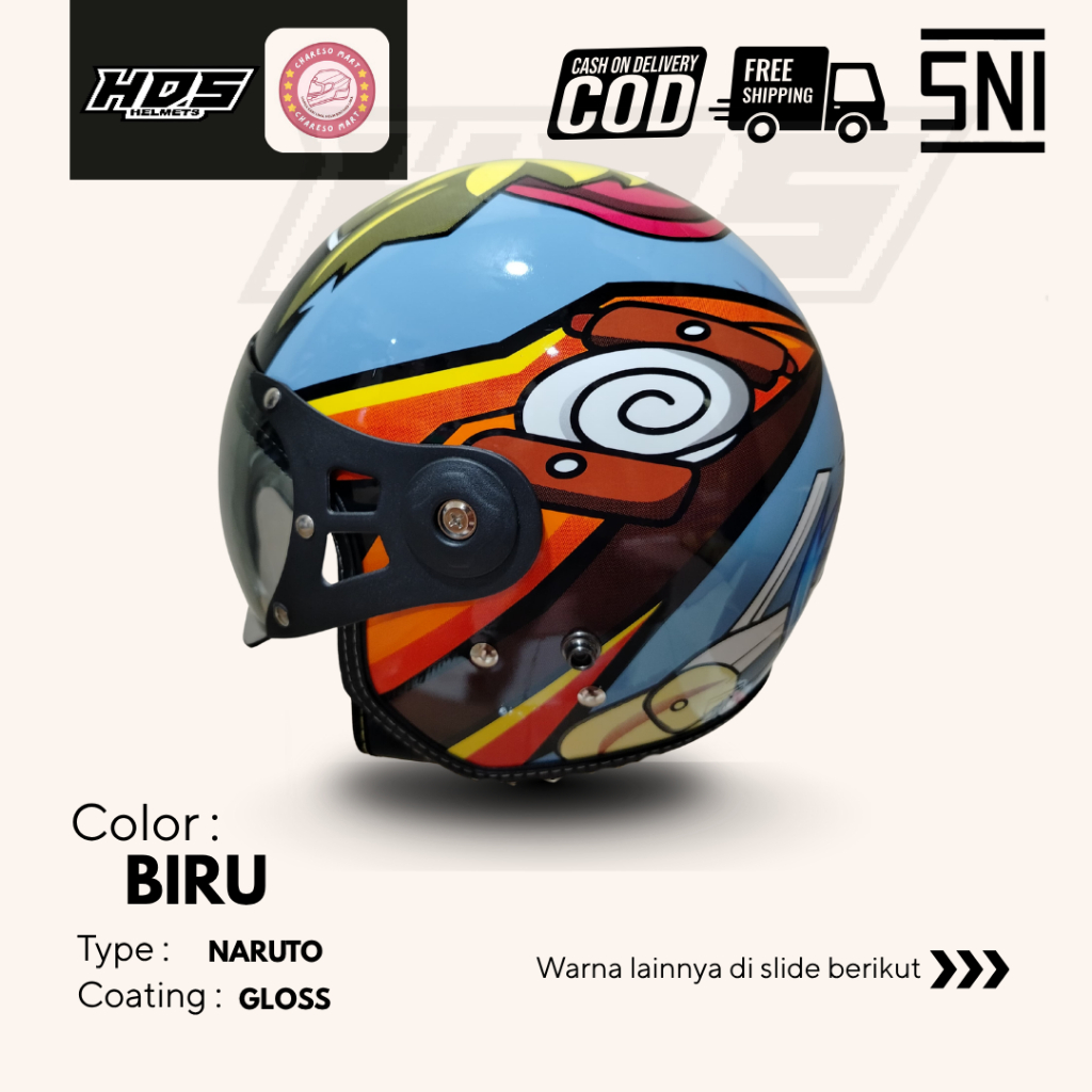 Helm Bogo Dewasa Classic Polos Motif Naruto Biru HDS Helmet Half Face SNI Pria Wanita Cepol Hijab