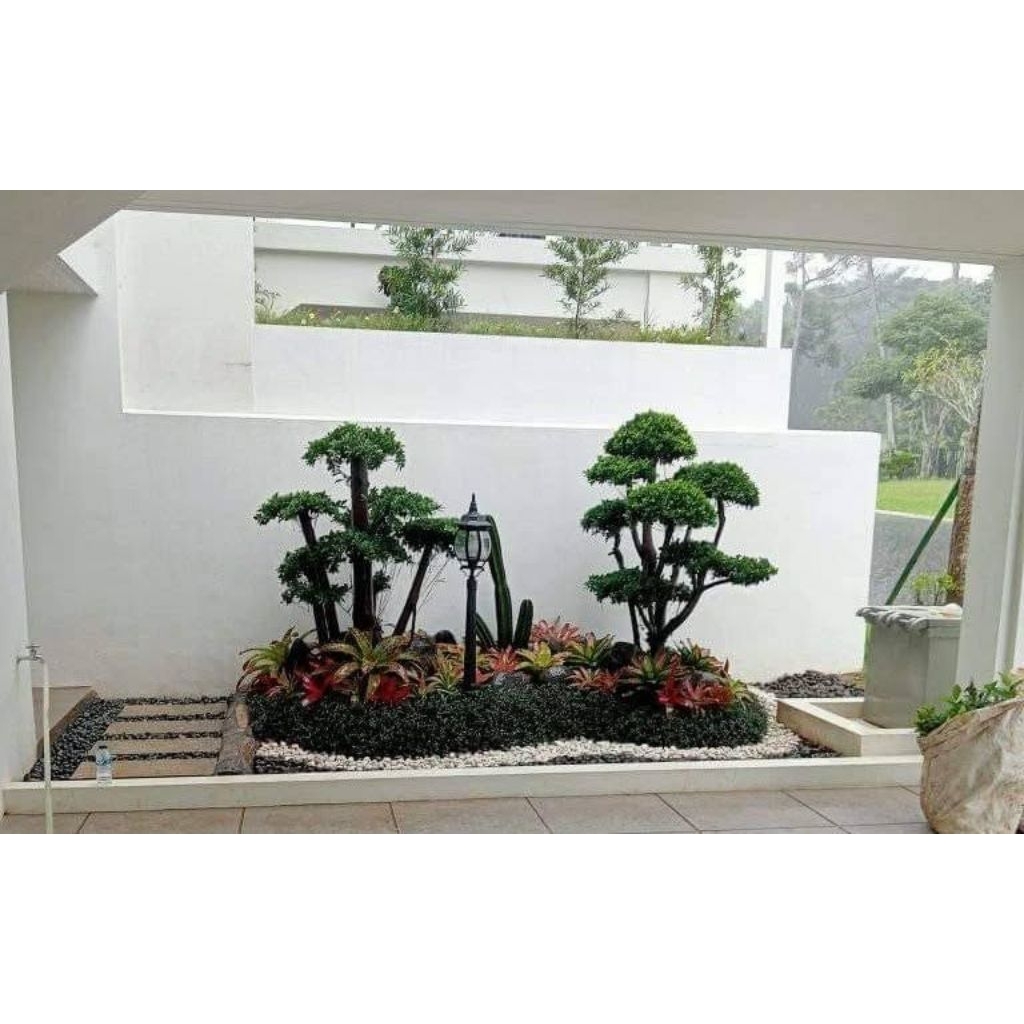 pembuatan taman/bonsai elegan/, tamanan kecil/bromelia merah/batu belondos/batu coral dll