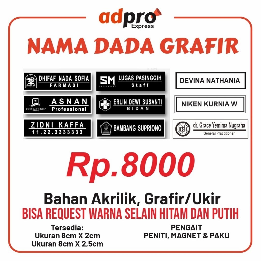 NAMA DADA GRAFIR, NAMETAG GRAFIR , NAMA PDH , GRAFIR AKRILIK TERMURAH
