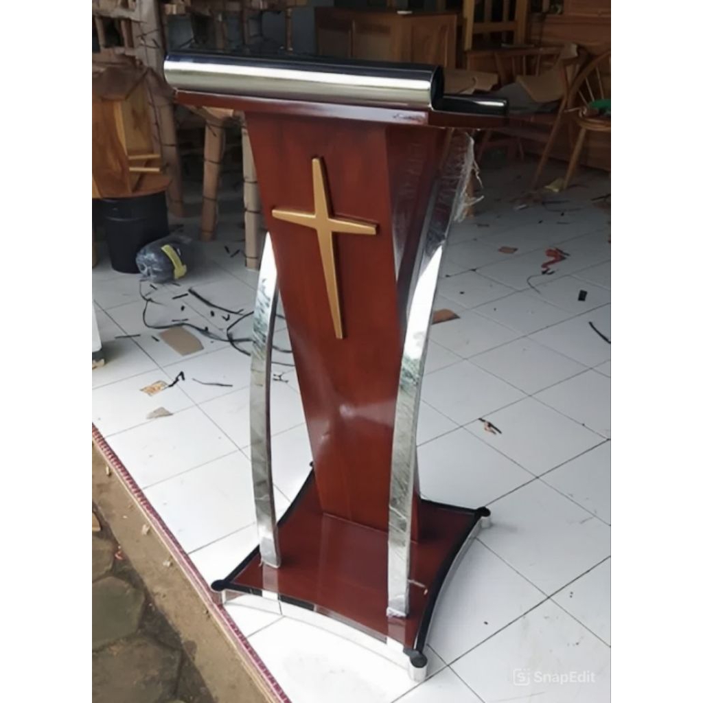 PODIUM GEREJA MINIMALIS STAINLESS JATI / MIMBAR GEREJA SALIB MINIMALIS STAINLESS JATI / PODIUM MIMBA