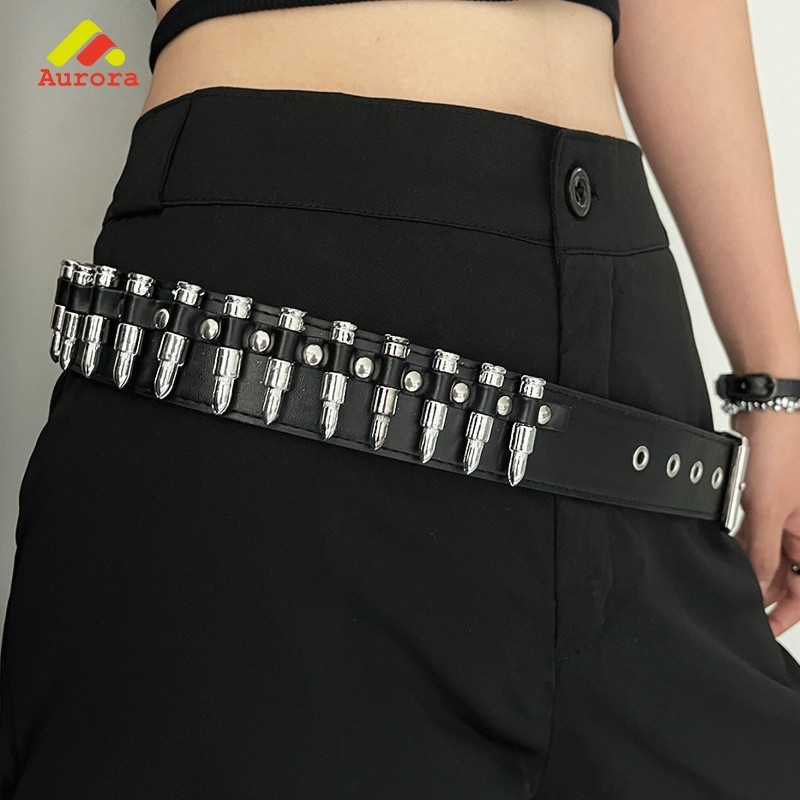 Sabuk Kulit Punk Desain Rivet Berongga Peluru Gaya Rock untuk Pria Wanita Menahan Celana Jeans dan T