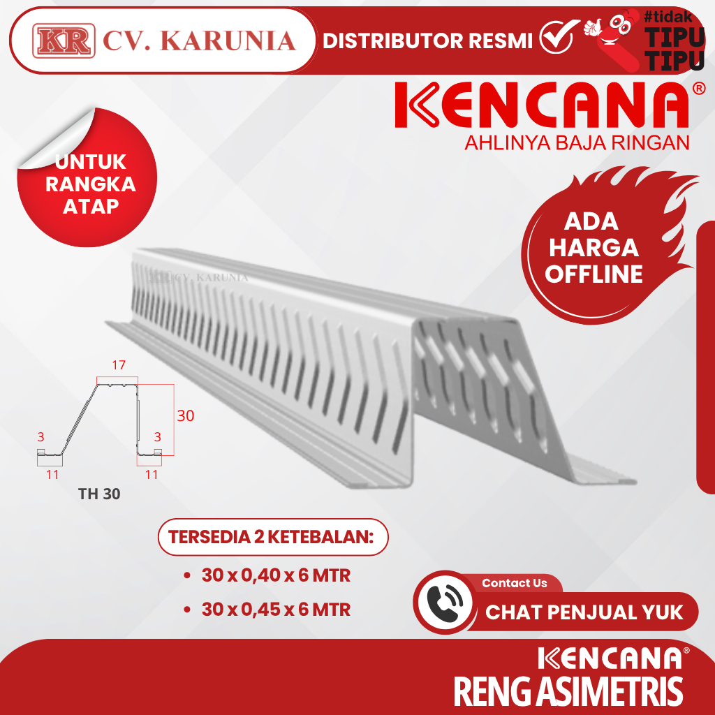 RENG BAJA RINGAN KENCANA TH-30 SNI (0.40 & 0.45) Tebal FULL 6 Meter - Rangka Atap Kuat