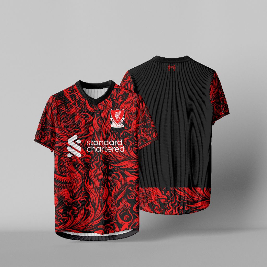 Jersey Bola Liverpool Merah Hitam Motif Api Naga