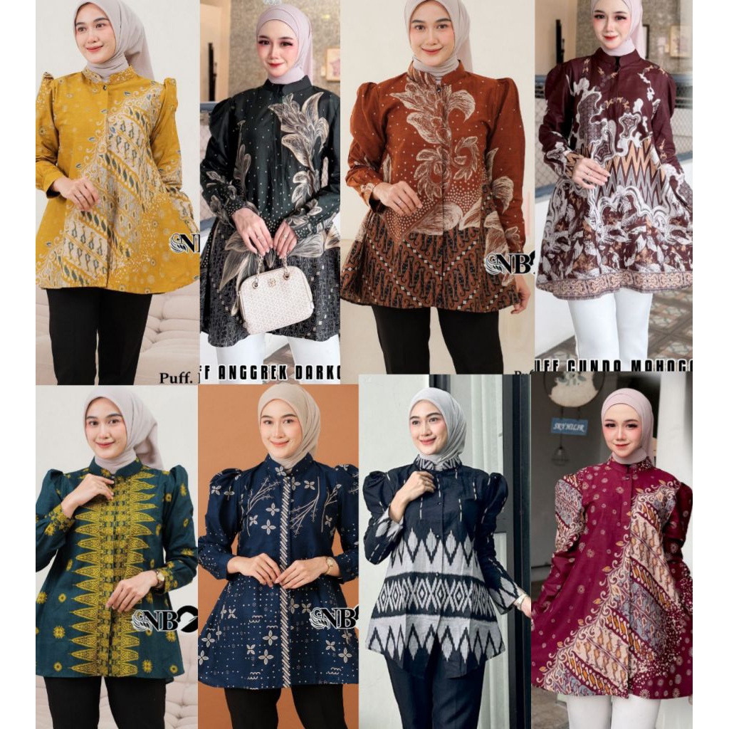 Batik Blouse Puff Muslim Merah Abu Hitam Ungu Burgundy Jotol Mint Hijau Toska Lilac Mauve Blue Biru 