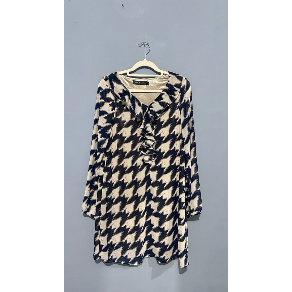 Blouse Martha Uk XL | Motif Houndstooth Navy Cream | Aesthetic Vintage Thrift Look