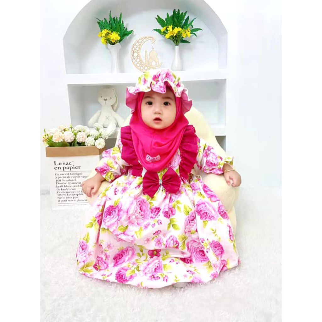 GAMIS SABRINA SET HIJAB TOPI by zahra Gamis bayi lucu dan cantik,gamis anak bayi NB smapai 10 tahun