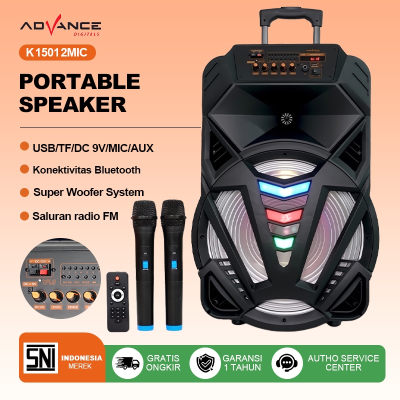 Advance K1501 Wireless Bluetooth Speaker 15'' 2 free microphones New Garansi resmi 1 tahun