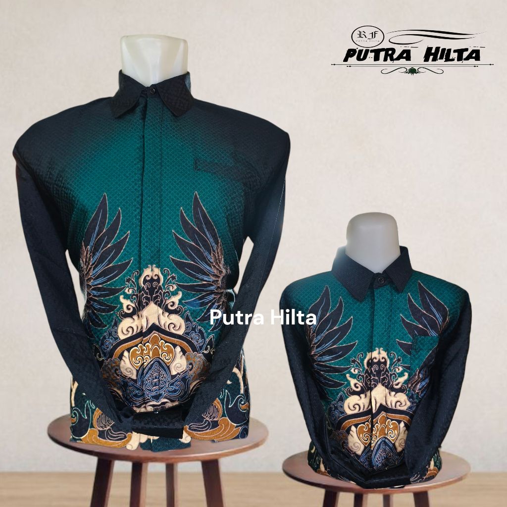 Batik Couple Hijau Emerald Bahan Dobby Lapis Furing//couple ayah anak emerald green//batik acara pes