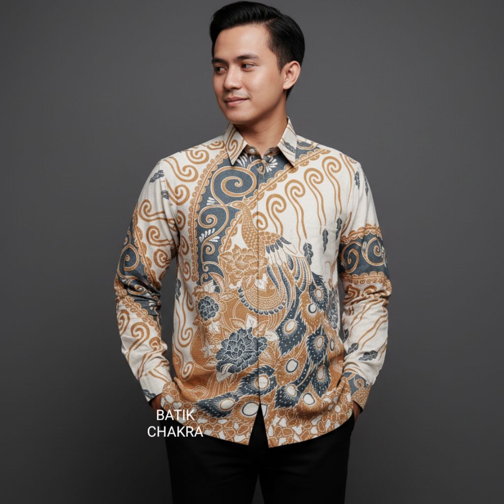 Kemeja batik pria CREAM lengan panjang bahan doby lapis furing motif terbaru