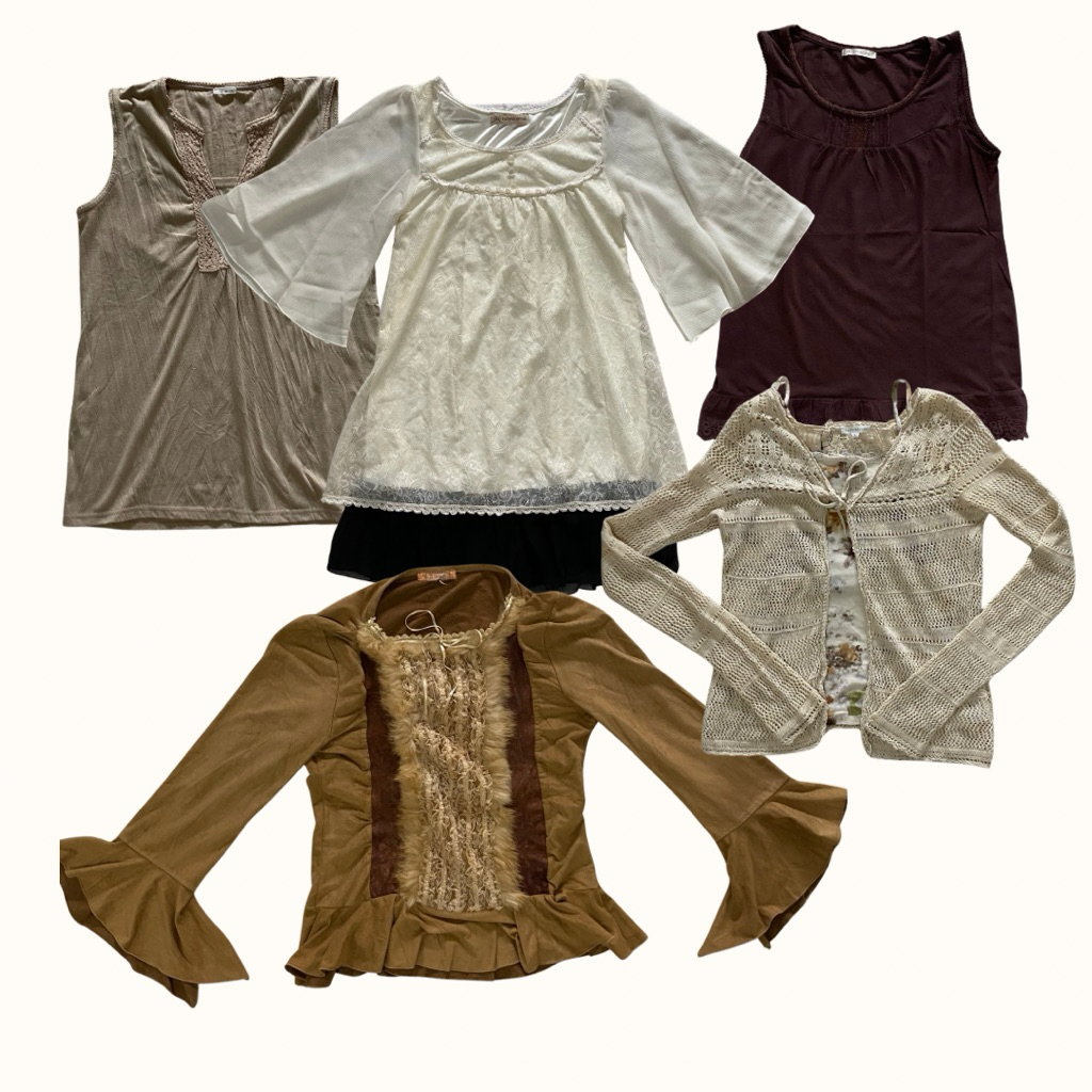 atasan & bawahan tanktop Y2K vintage whimsical coquette morikei fur flare fairy lace indie retro emo