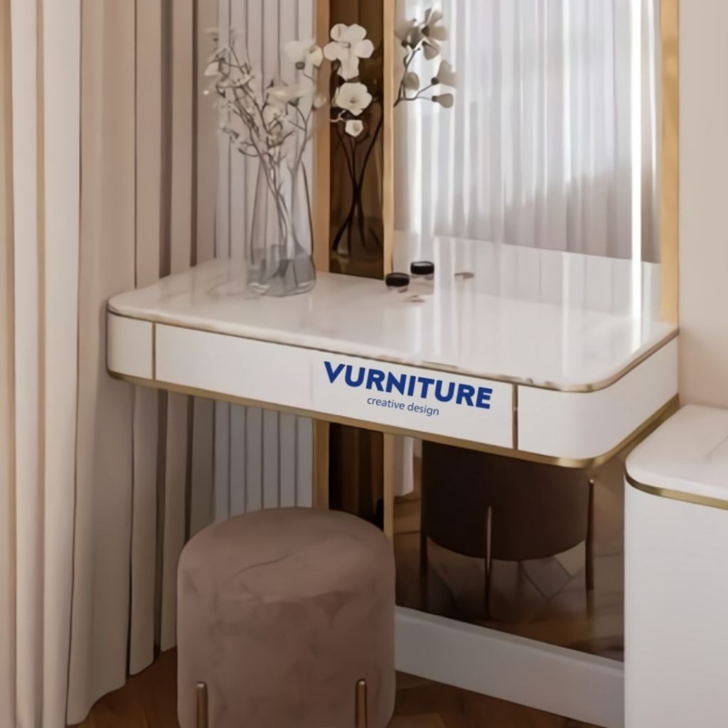 Meja rias minimalis 1 laci penyimpanan putih list gold hitam list gold