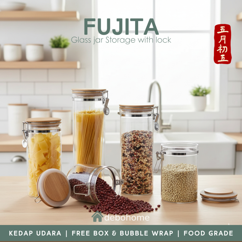 DEBOHOME FUJITA Toples Kaca Kedap Udara Toples Kaca Dan Tutup Kayu Dan Seal Toples Kopi Gula Teh