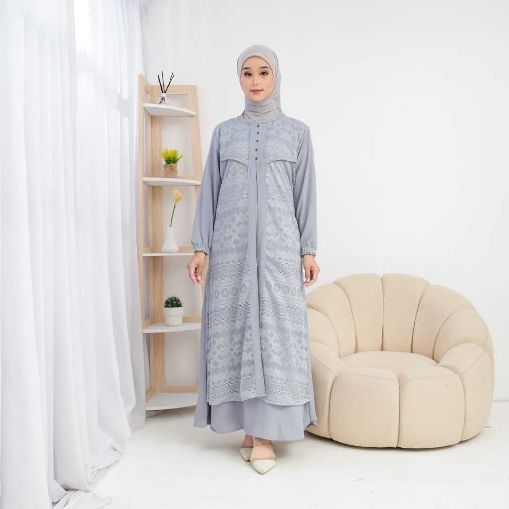 Gamis Dress Wanita Mixx Brukat Polos Lengan Panjang Oversize By AZKA Collection