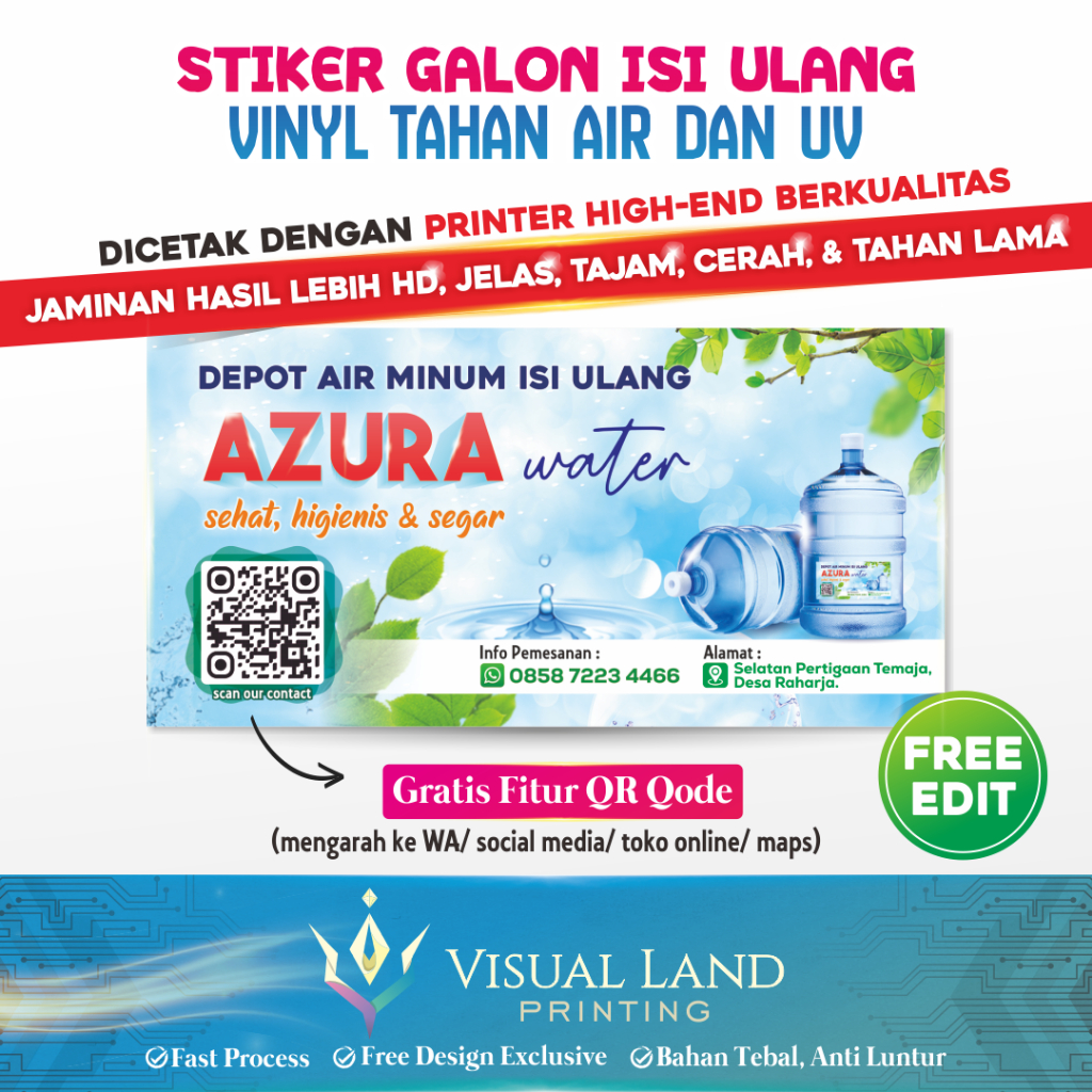 Sticker Stiker Galon Isi Ulang / Air Rebus Matang Tahan Air dan UV QR Qode Free Edit