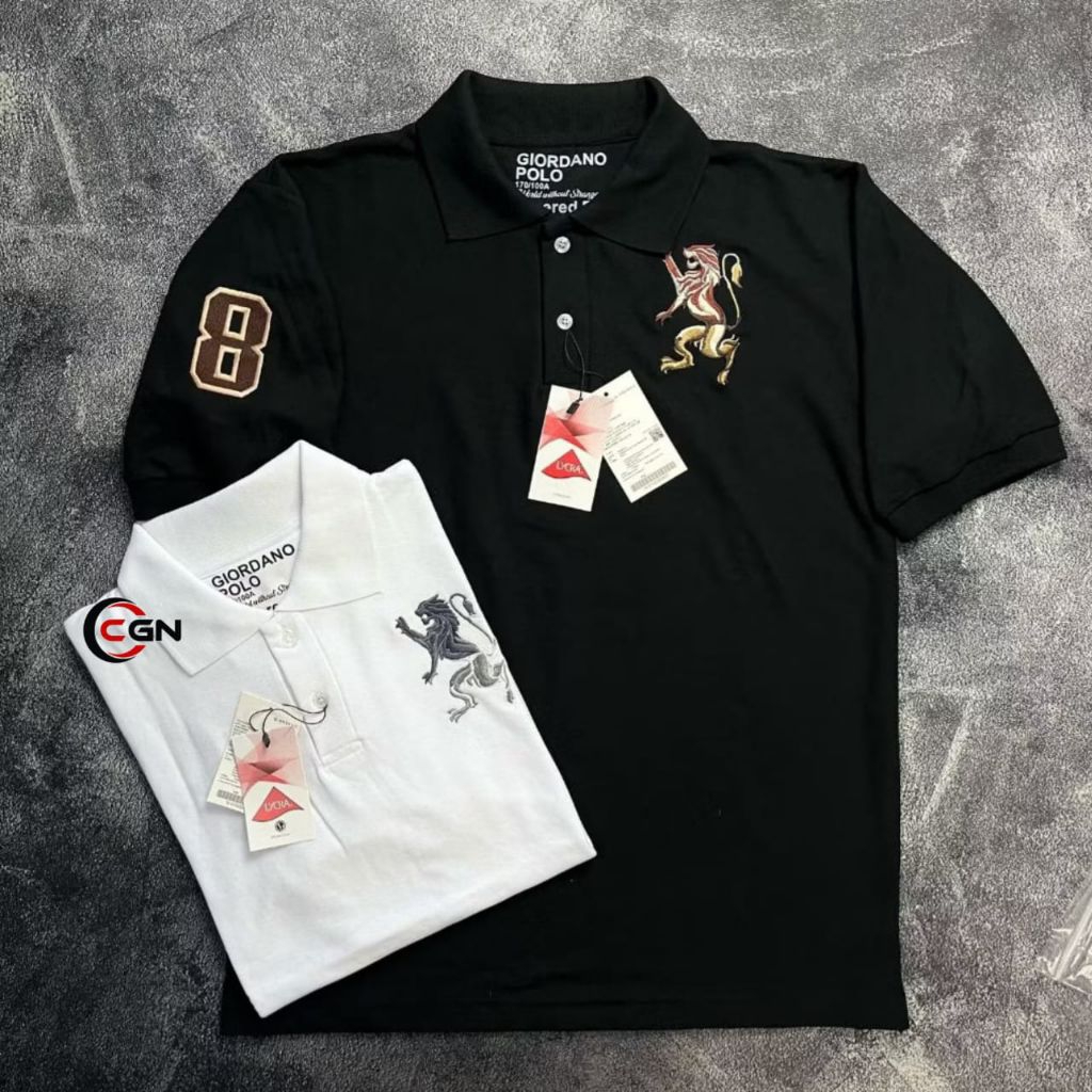 Kaos Polo GIORDANO 3D lion kaos kerah pria premium putih full tags label bahan katun pique