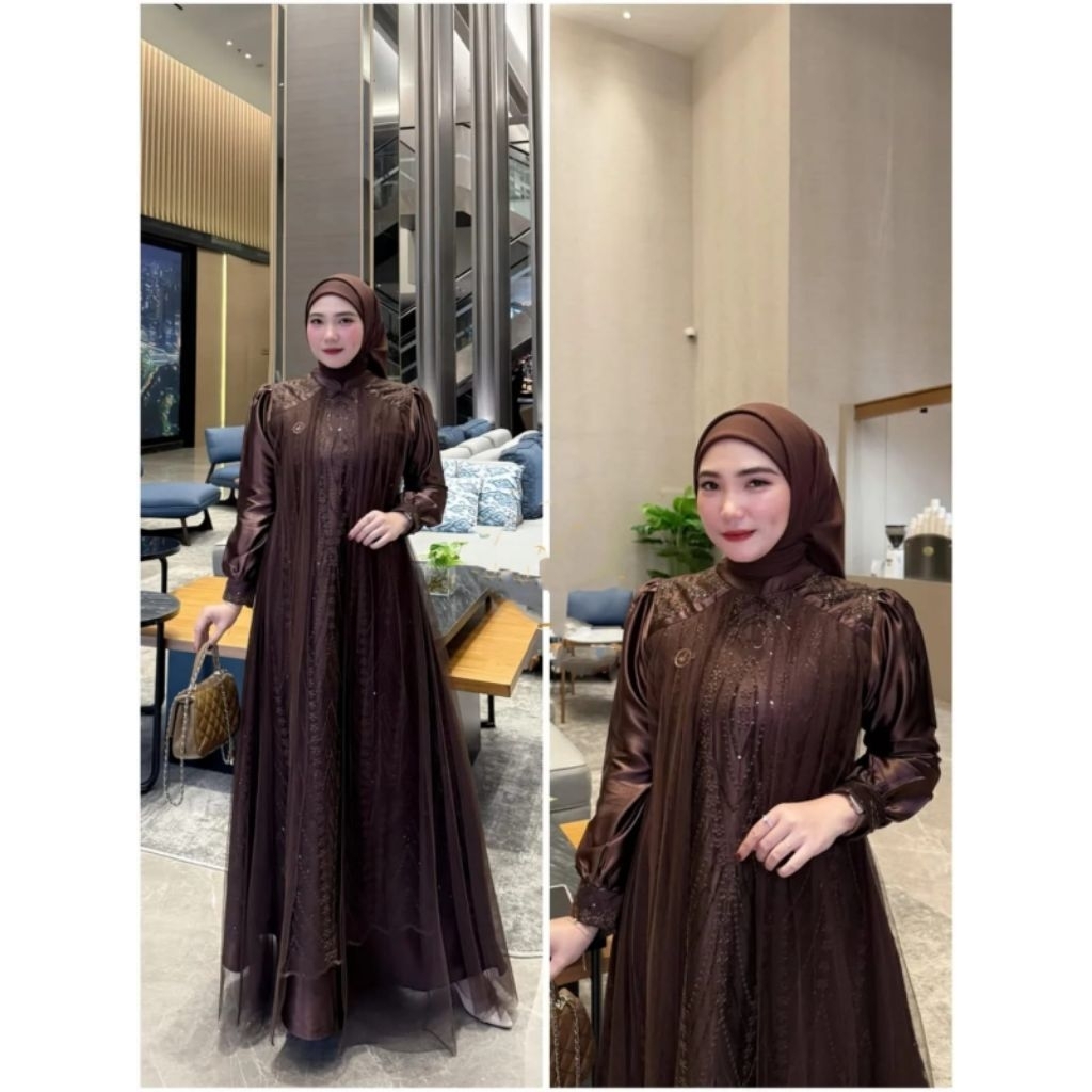 Gamis Kondangan Terbaru Remaja Viola Dress Baju Gamis Brokat Mewah Elegant Bahan Silk Satin Mix Bruk
