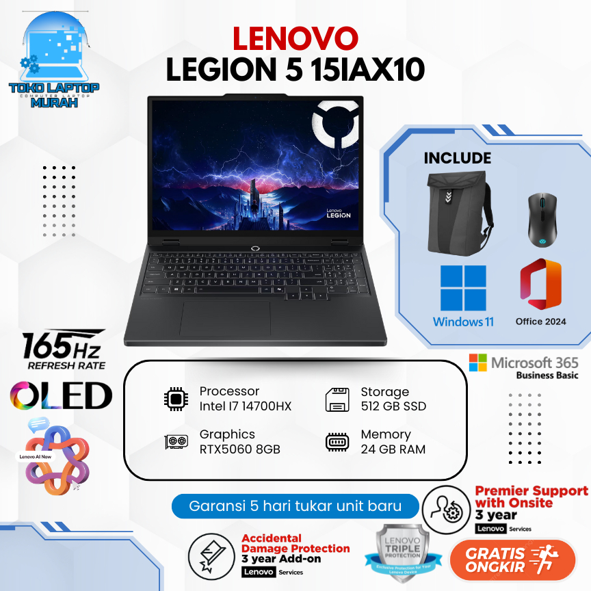 Lenovo Legion 5i 15 OLED Gaming | Core i7-14700HX | RTX 5060 8GB | 32GB RAM | 512GB SSD | WQXGA W11