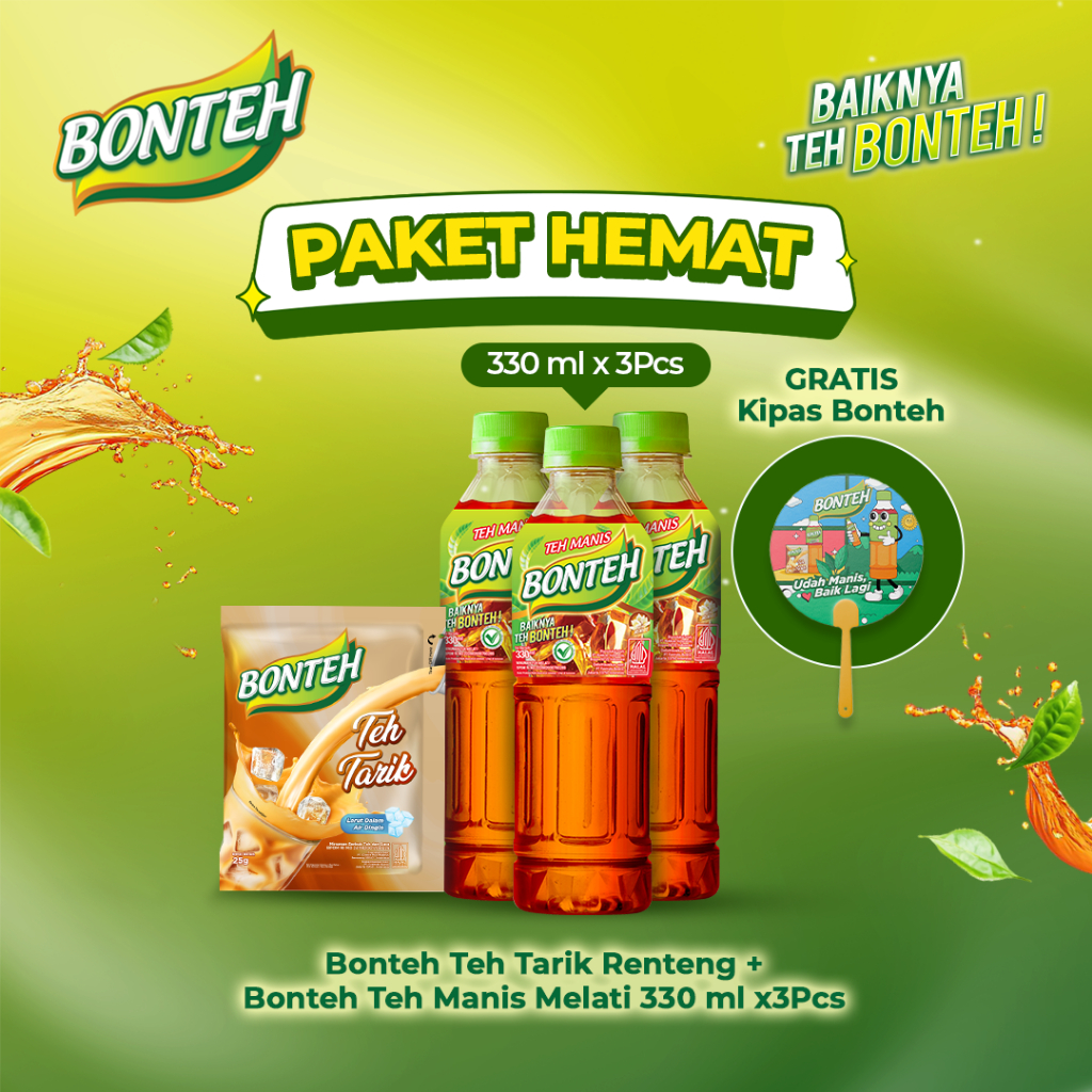 Paket Bonteh Teh Tarik Renteng + Bonteh Teh Manis Melati 330 ml x3 GRATIS Kipas Karakter Bonteh