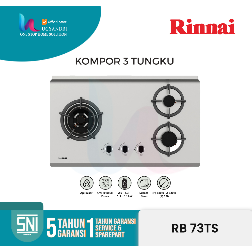 Kompor Rinnai RB-73TS | 3 Tungku Stainless Steel | Kompor Tanam Modern & Kuat