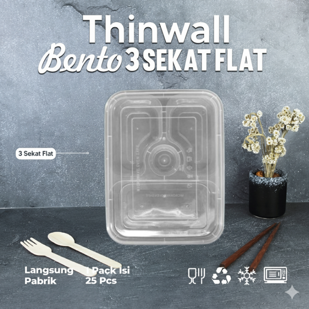Kotak Makan Plastik 3 Sekat / Thinwall Bento Sekat 3 / Box Bento 3 Sekat