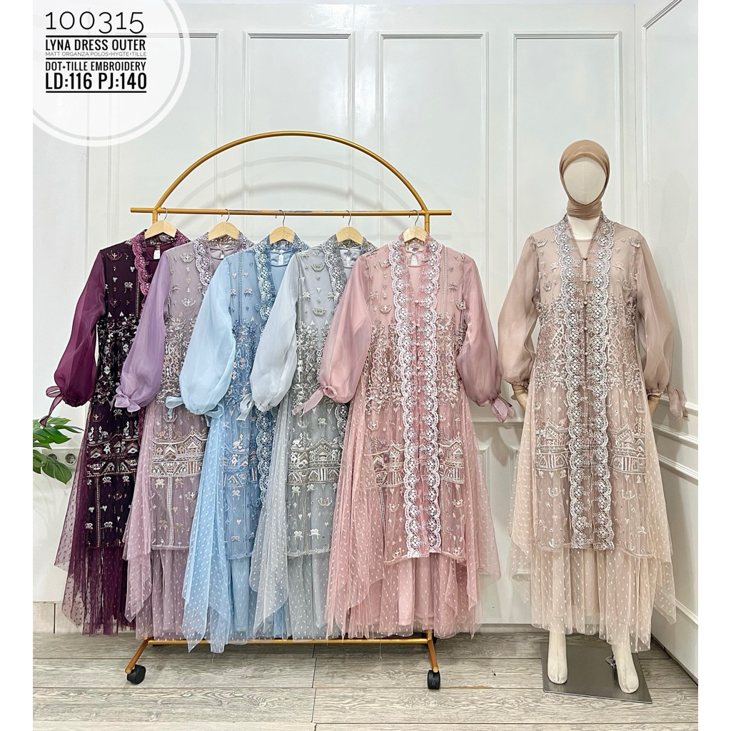 Gamis Lyna dress outer matt organza polos hygte tille motif bunga ada 6 warna kode 100315