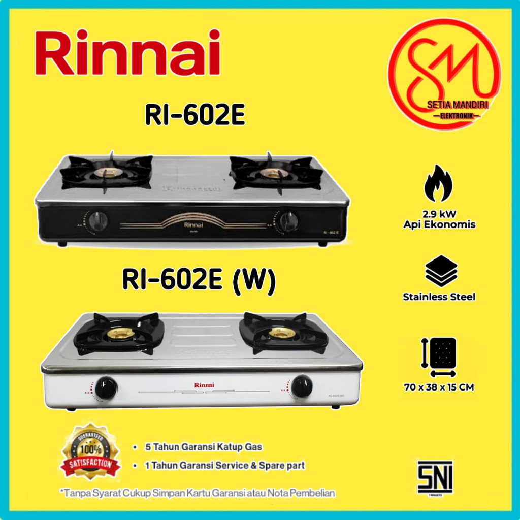 RINNAI RI602EW & RI602E - Black White Kompor Gas 2 Tungku RI-602E W Putih - RI-602E Hitam