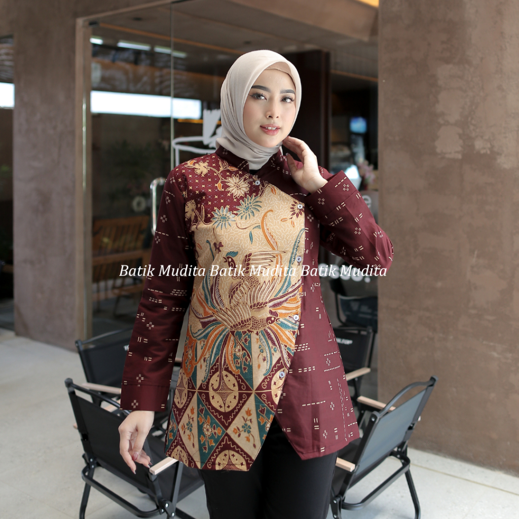 Mudita Batik Motif Dahayu Batik Wanita Modern Janggan Lengan Panjang Lapis Furing Trikot Warna Merah