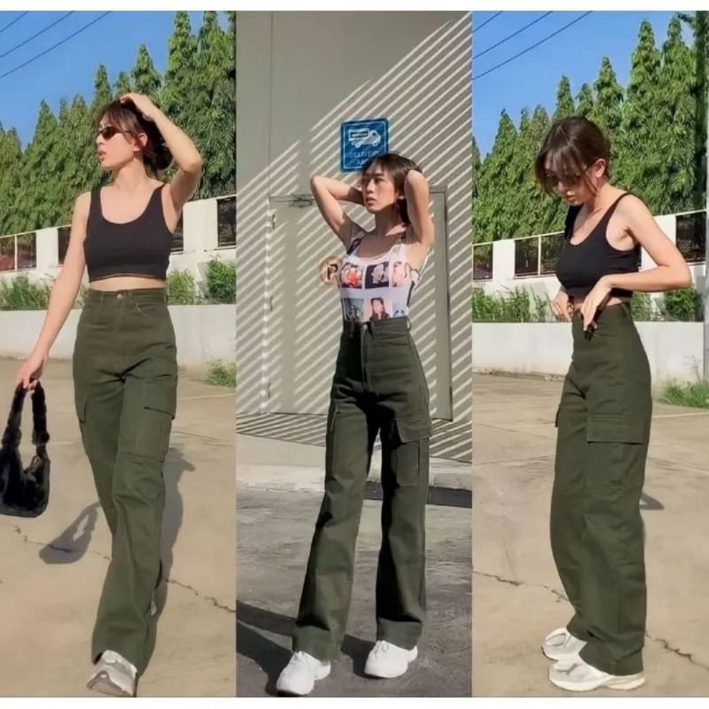 Celana Kulot Cargo Wanita Highwaist Katun Drill Tebal