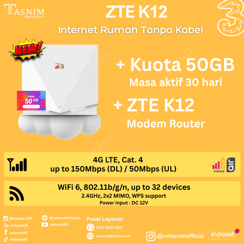 Indosat HiFi Air ZTE K12 Wifi Modem 4G LTE + 50Gb