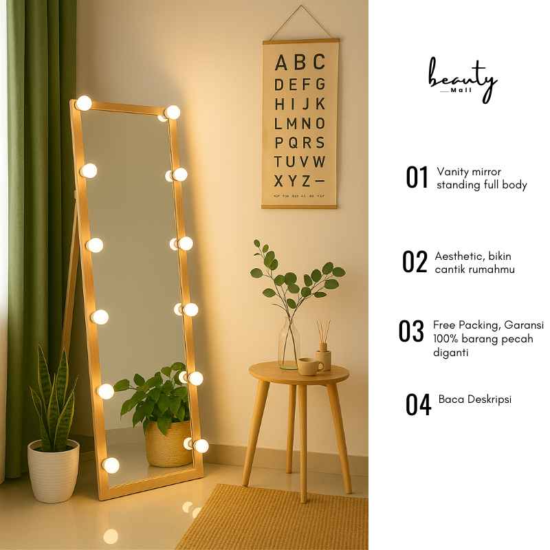 Cermin Lampu Rias Vanity Mirror Kaca Standing Dinding Gantung Lamp LED Mirror Aesthetic Besar Kotak 