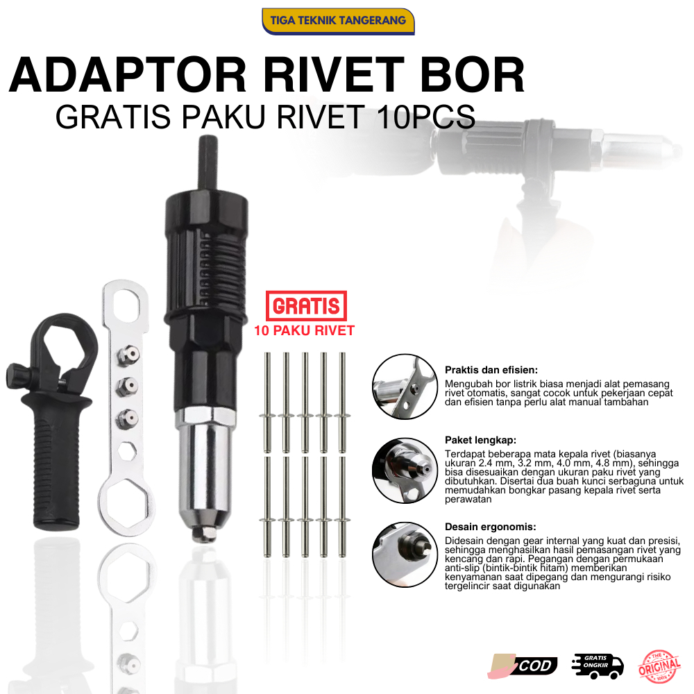 Adaptor Rivet Bor Listrik  Untuk Mesin Bor + Gratis 10 Pcs Paku Rivet