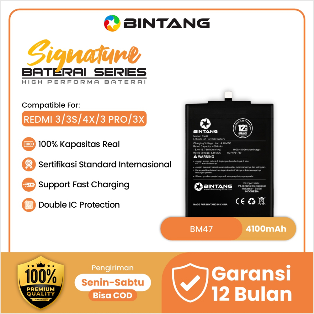 BINTANG Baterai Signature for BM47 FOR REDMI 3/3S/4X/3 PRO/3X Li-ion 4000mAh Original Capacity