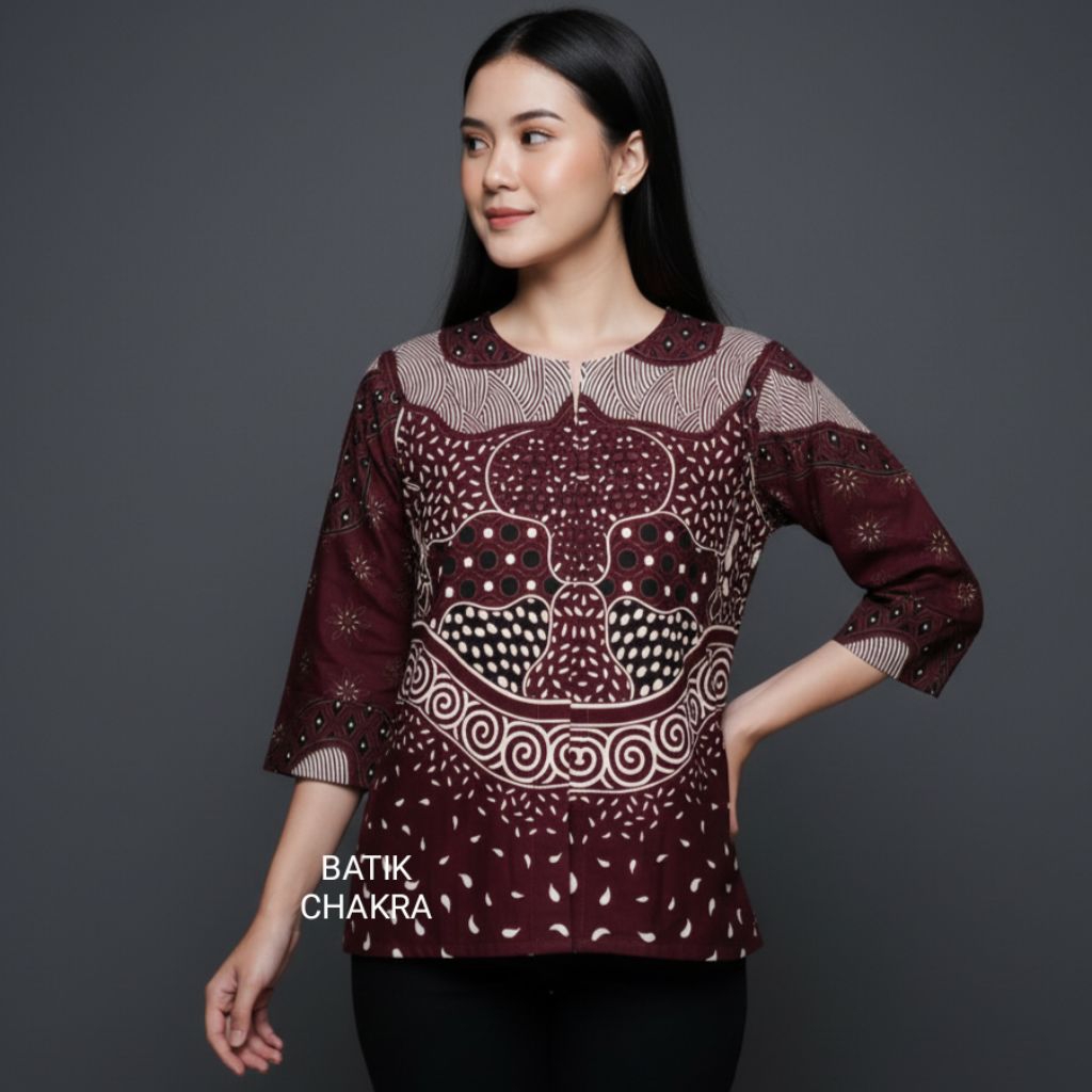 Blus batik wanita modern BURGUNDY bahan katun lapis full trikot
