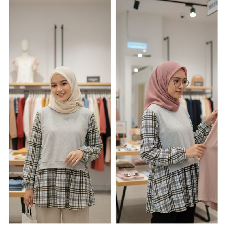 Atasan Wanita Kombinasi Plisket Kotak-Kotak