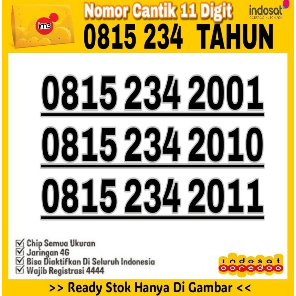 NOMOR CANTIK INDOSAT IM3 4G SERI 11 DIGIT O815 234 2001 2010 2011
