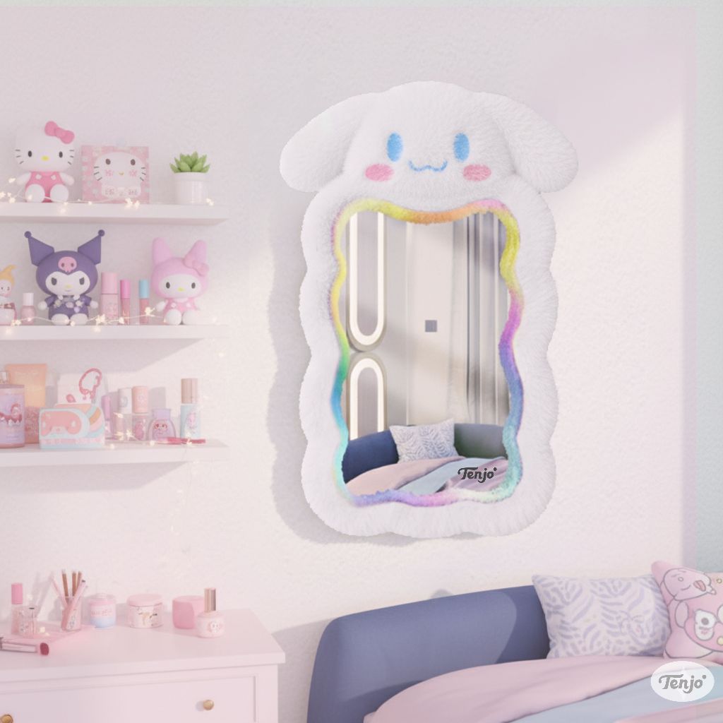 Cermin Lucu Rasfur Cinnamoroll | Cermin Dinding I Cermin Estetik Kamar Kawaii | Bulu Halus Fluffy Mi
