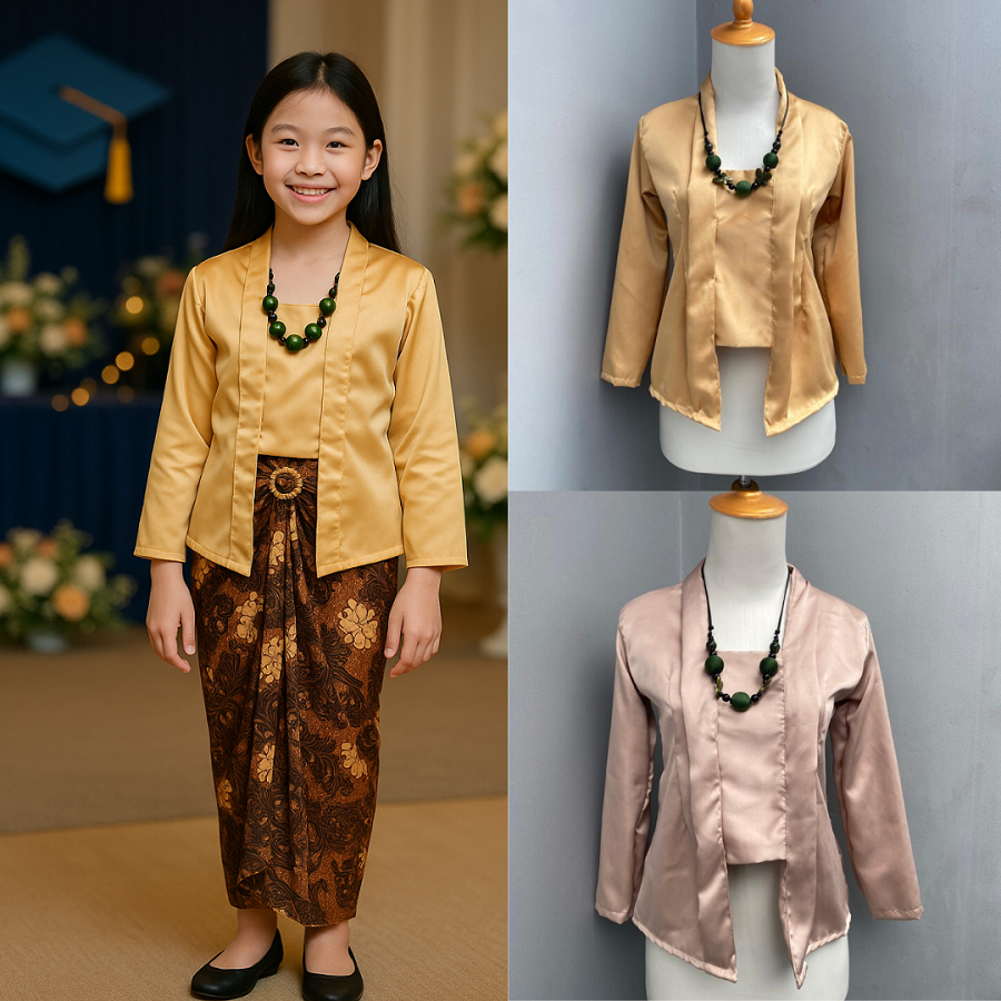 Kebaya Kutubaru Anak Sd Lengan Panjang Atasan Baju Adat Seragam Kartini Wisuda Bahan Satin Modern