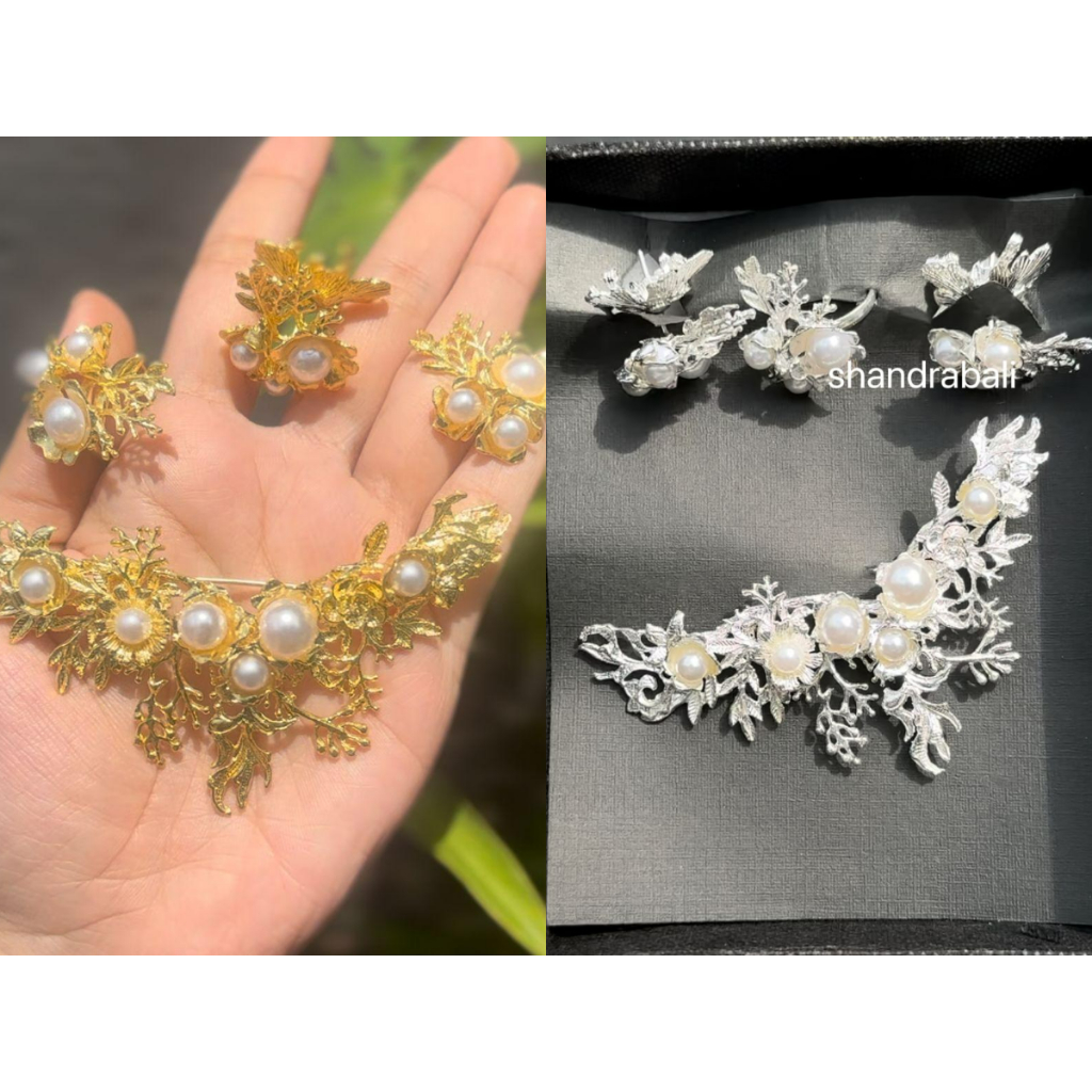 Shandra Bali - Set Bros Alpaka Model V Akar Daun Mahalini Untuk Kebaya Wedding Bali