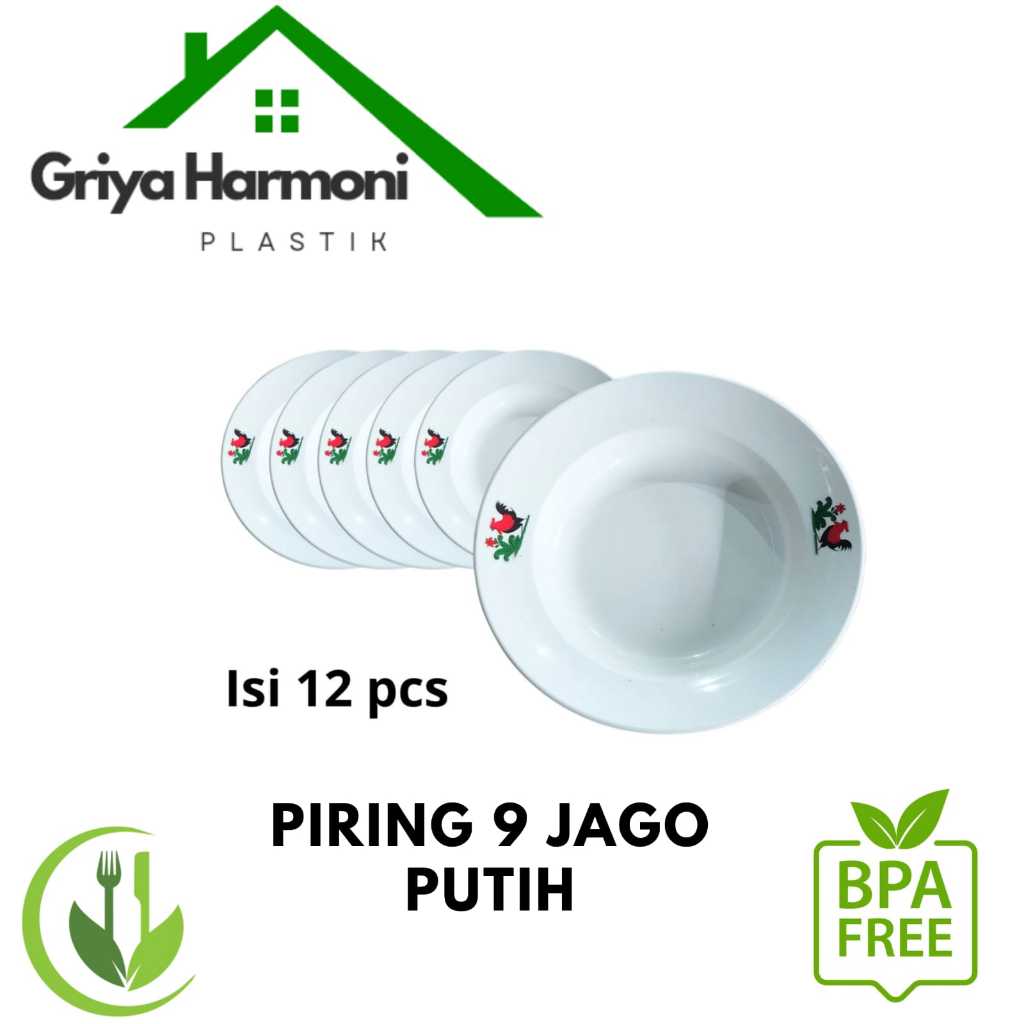 (12 PCS) PIRING 9 JAGO PUTIH - PIRING MAKAN PLASTIK - PIRING PUTIH MOTIF JAGO