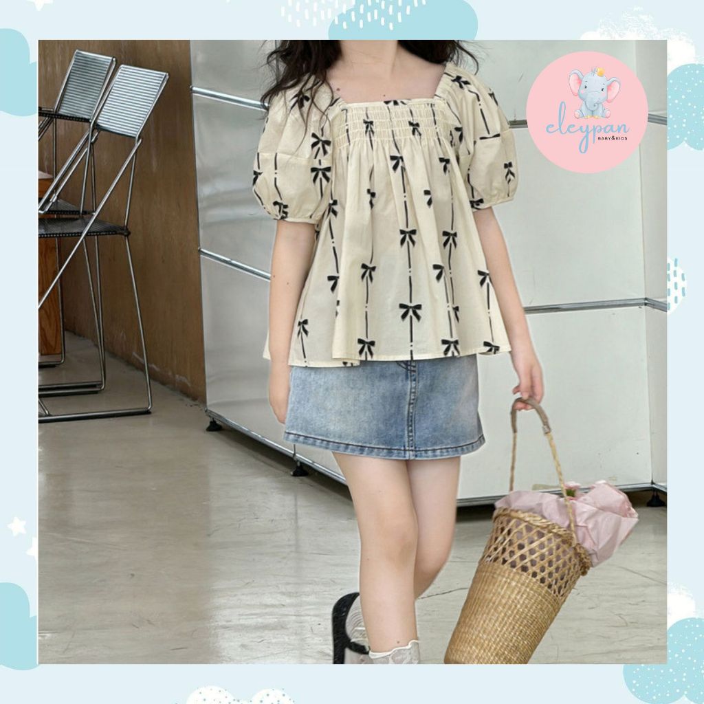 Setelan Rok Jeans Anak Perempuan 2-7 tahun One Set Baju Blouse Pita Coquette Rok Denim Anak Fashion 
