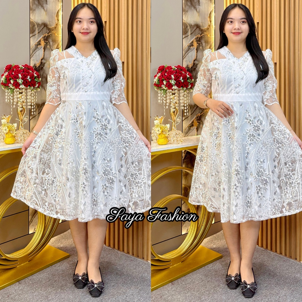 Midi Dress Putih Tile Bordir Payet V-Neck 51700 67 Baju Pesta Wanita