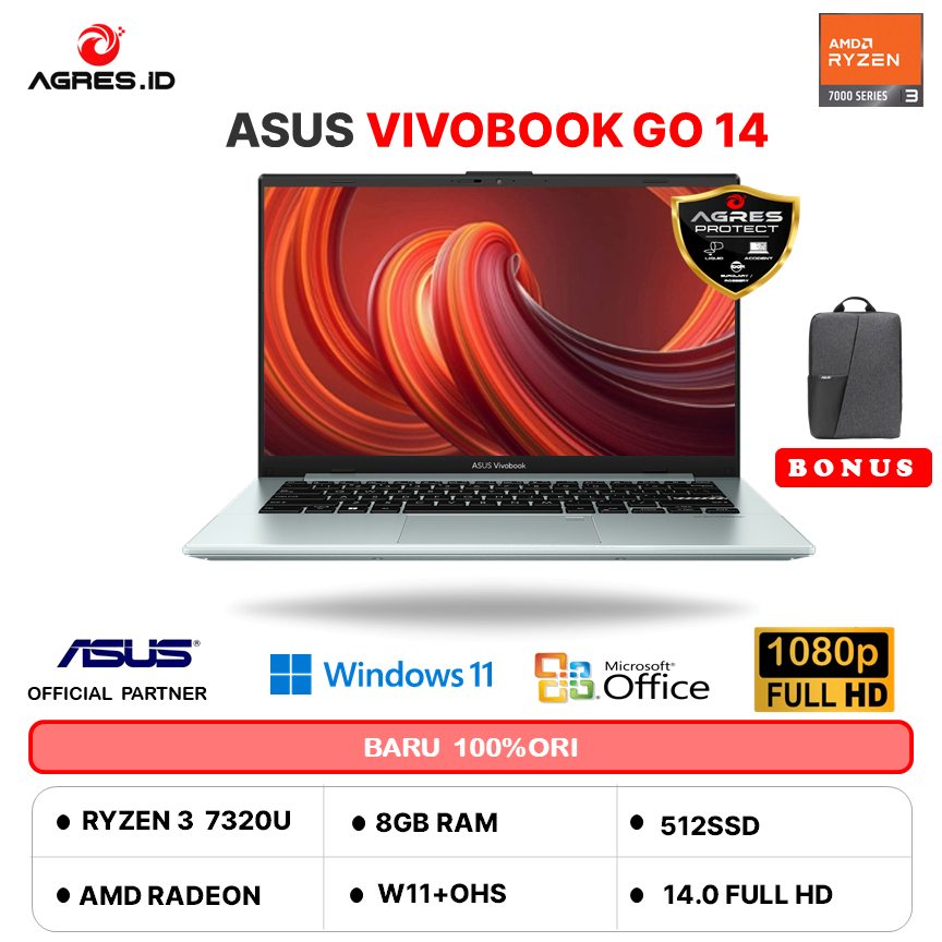 ASUS VIVOBOOK GO 14 E1404FA RYZEN 3 7320 8GB 512GB W11+OHS 14.0FHD GRN GRY -FHD322M