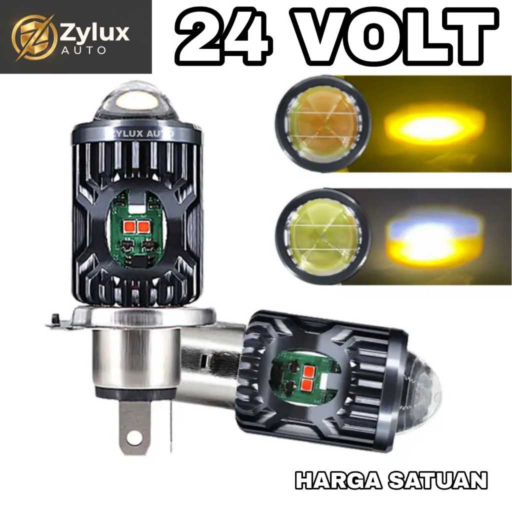 Lampu LED Utama Depan 24 Volt H4 Laser Gun Senja Biru Merah High Low 2 Warna Putih Kuning D3 Truk Bu