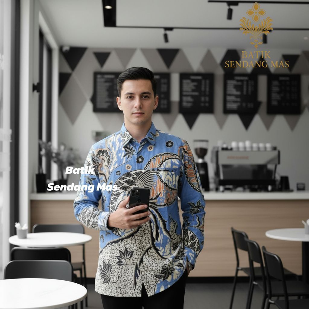 Kemeja Batik Pria Premium Lengan Panjang Batik Sendang Mas Motif Phoenix Biru
