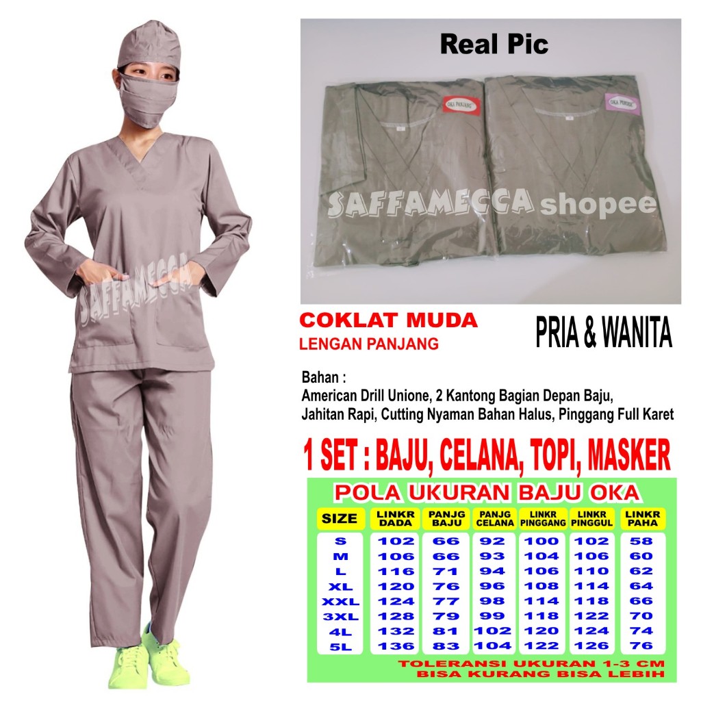 Baju Ok  Baju Oka  Panjang Coklat Muda Stelan Scrub Perawat Dokter Medis Bidan Stenan Nakes Jaga