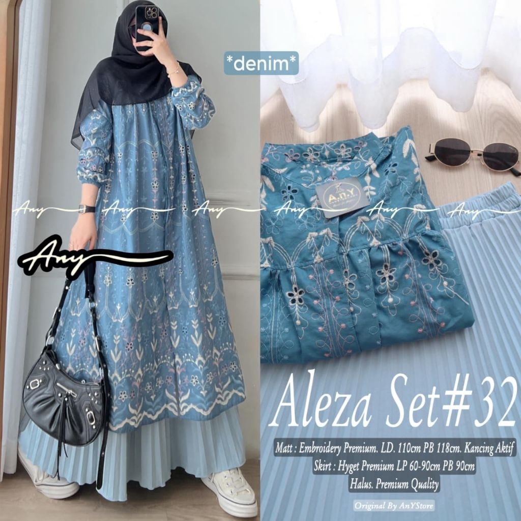 ALEZA #32 SETELAN ROK PLISKET BAJU TUNIK EMBROIDERY PREMIUM TEBAL // SETELAN ROK PREMIUM TERBARU BUS